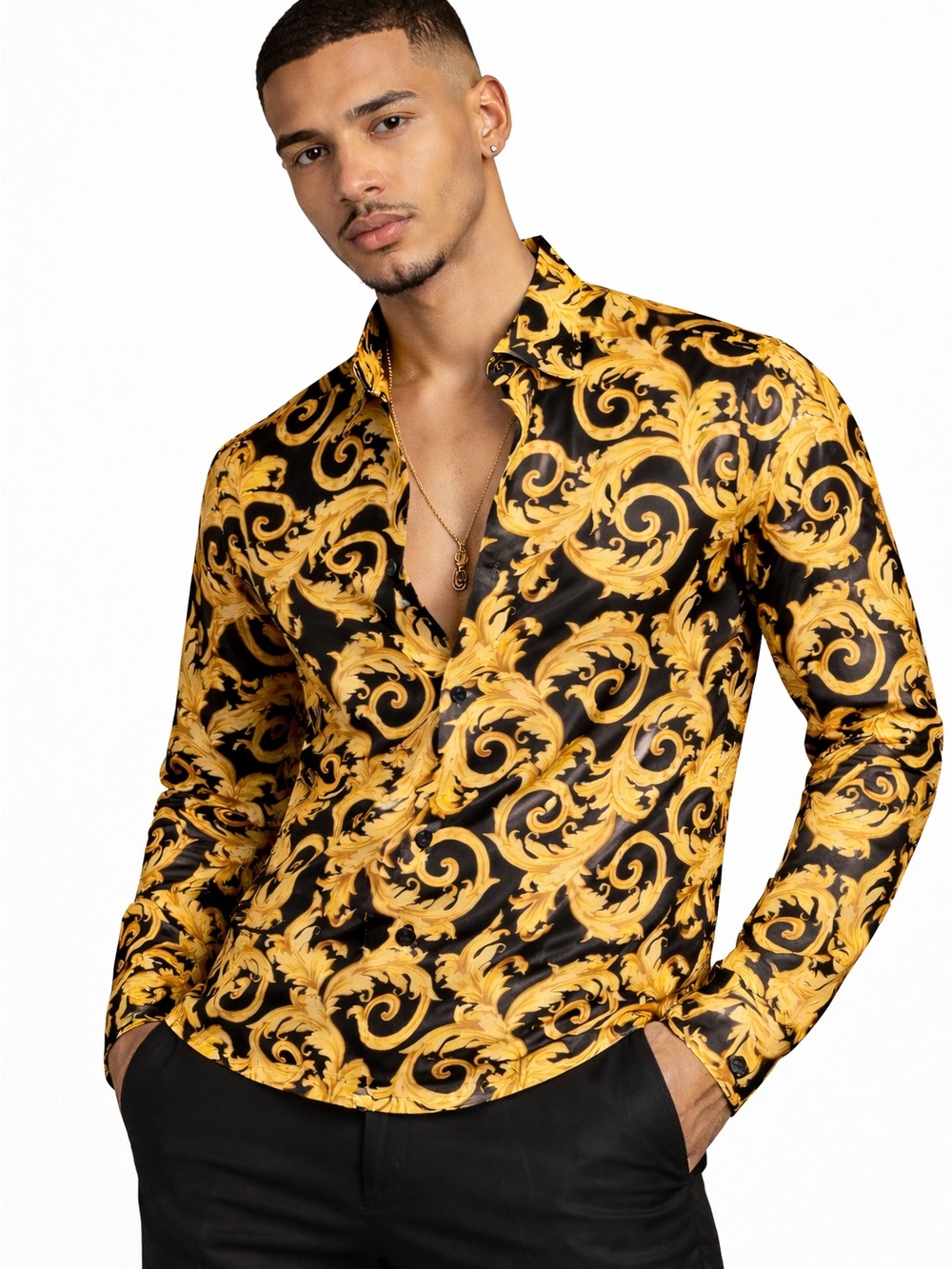 Versace Black and Gold Baroque-Print Men's Button-Down Shirt sz 50it (L) $ 1750